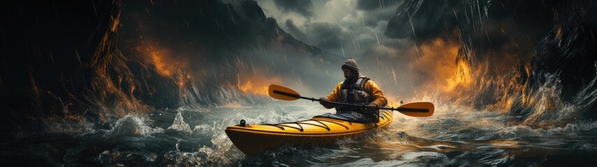 Stormy waters challenge - a man rushing in a kayak on a stormy river, speed, in slow motion.