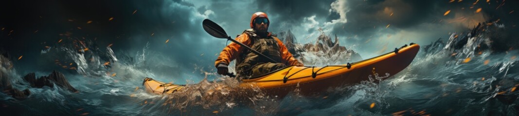 A man rushing in a kayak on a stormy river, speed, in slow motion.
