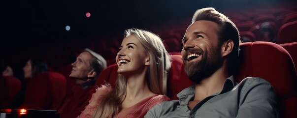 Happy friends sitting in cinema watch film. Generative ai