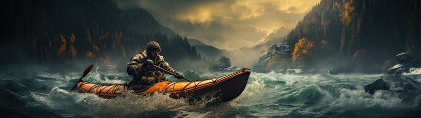 A man rushing in a kayak on a stormy river, speed, in slow motion. - obrazy, fototapety, plakaty