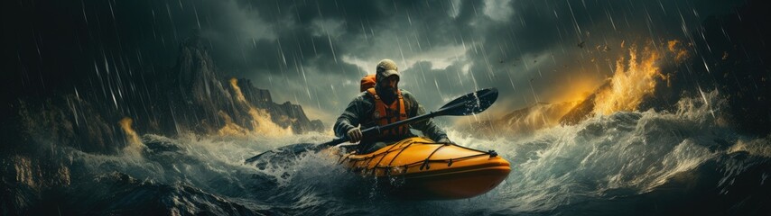 A man rushing in a kayak on a stormy river, speed, in slow motion.