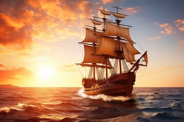 Pirate ship sailing on the ocean at sunset. Vintage cruise.