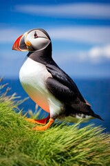 Puffin bird on a green grass patch.