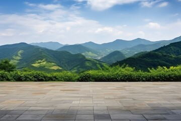 Square floor and green mountain nature landscape. - obrazy, fototapety, plakaty