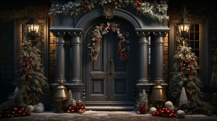 Fototapeta na wymiar Christmas New Year holiday beautiful winter decorations of the entrance doors to the house, background