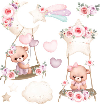 Watercolor Illustration set of cute teddy bear swing on star and moon with flower wreath elements