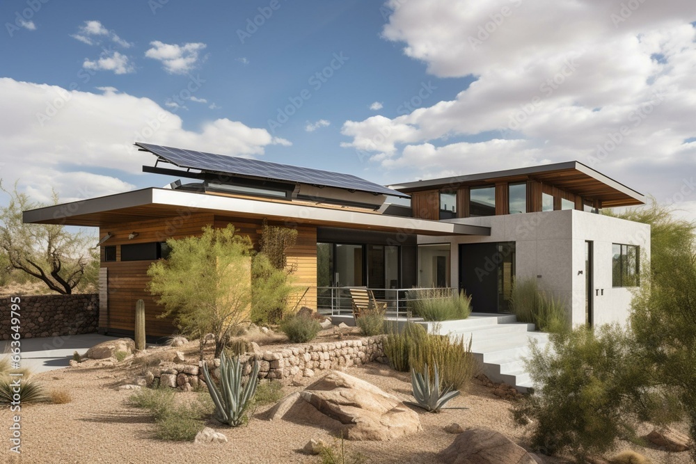 Wall mural Contemporary home featuring solar panels on the roof. Generative AI