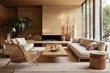 Contemporary home with nature-inspired elements like marble, rattan, wicker, and cane, featuring warm natural-colored walls. Generative AI