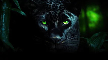 Tuinposter Black panther with green eyes on a black background. © YULIYA