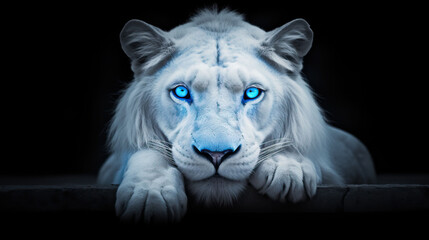 Portrait of a white lion with blue eyes on black background.