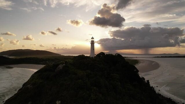 Aerial view of the Farol das Conchas lighthouse and beaches of Ilha do Mel, Paranagu&aacute;, Paran&aacute;,  Brazil