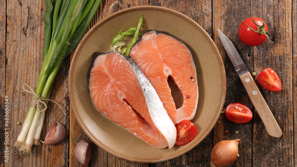 Canvas Prints Raw salmon steak piece with fresh onion