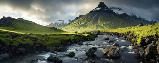 Nature landscape panorama mountains. Icelandic valleys with a river. Generative ai - obrazy, fototapety, plakaty