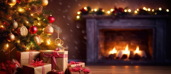 Christmas Home Room, Gift Box Below Tree With Lights And Fireplace.