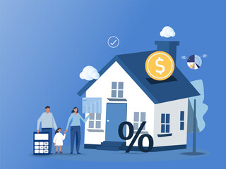 Family buying home with mortgage and paying credit to bank. People invest money in real estate property. House loan, rent and mortgage Concept. vector illustration. - obrazy, fototapety, plakaty