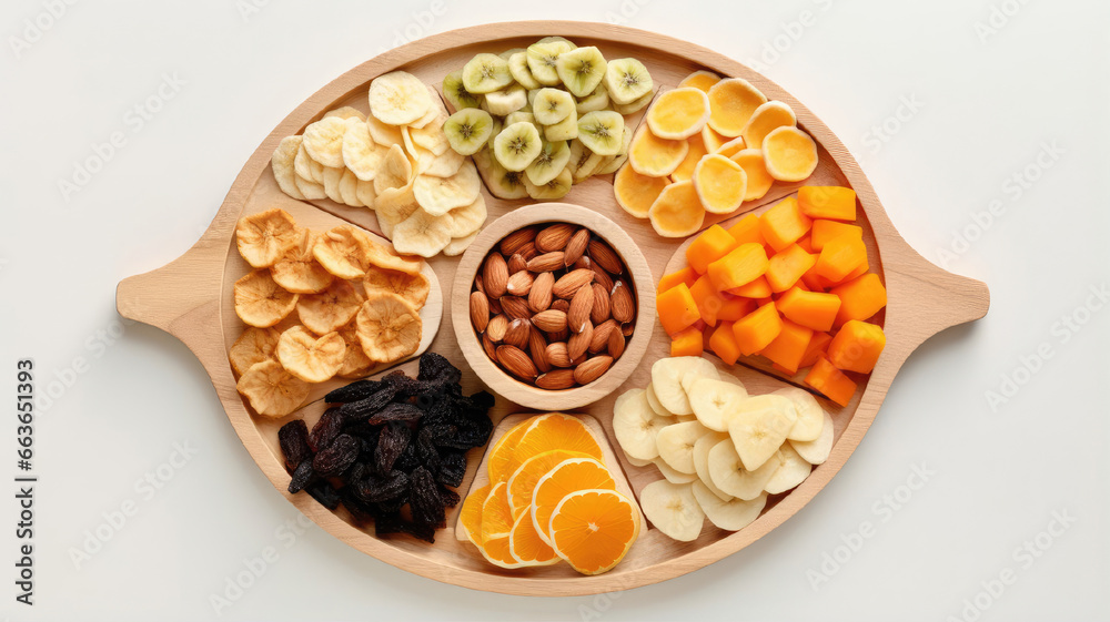 Poster On the plate mix of dried fruits - bananas, oranges, mangoes and other exotic fruits. Healthy eating