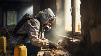 Fototapeta premium Young woman wearing apron and mask at workplace.