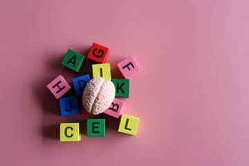 Human brain surrounded by alphabet blocks on a pink background with copy space. Montessori education and literacy concept. - obrazy, fototapety, plakaty