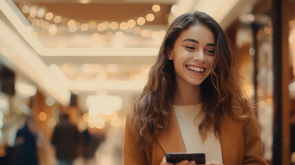 A happy and cheerful girl pays in a shopping center, with a mobile phone, through an application on the day of the Black Friday sale.