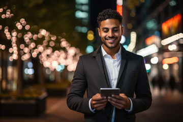 Young businessman using smartphone on city street at night.