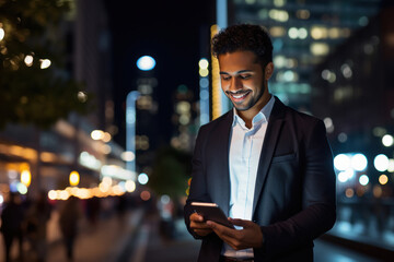 Young businessman using smartphone on city street at night. - obrazy, fototapety, plakaty