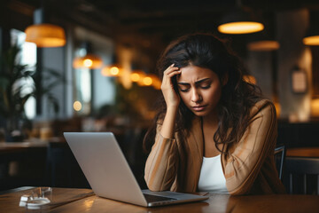 Woman getting headache while using laptop