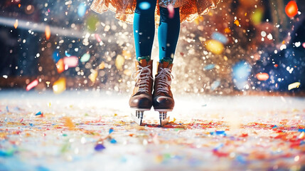 Cropped portrait of person on roller skates in aesthetics of the 80s against the background with sparkles, confetti. Holiday, Christmas concept. Banner