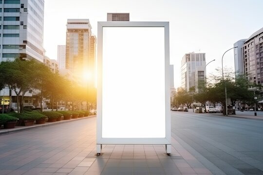 white blank advertising billboard. street mockup panel. digital lightbox poster ad banner board. bus shelter advertising. green park background. vertical format sign. Generated AI