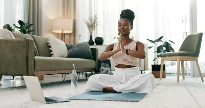 Home, yoga and meditation with black woman, laptop or fitness with wellness, pilates or chakra. African person, yogi or healthy girl with peace, lotus or calm with incense, apartment or online class