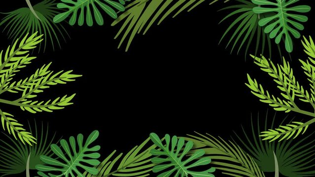 Tropical leaves frame border template on a black background.
