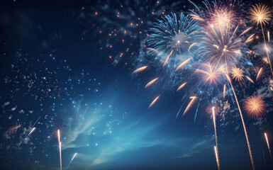 fireworks in the blue sky, Silvester Festival Party New Year Fireworks backdrop concept - obrazy, fototapety, plakaty