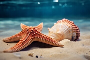 Fototapeta na wymiar Starfish and seashell in tropical environment. Generative AI