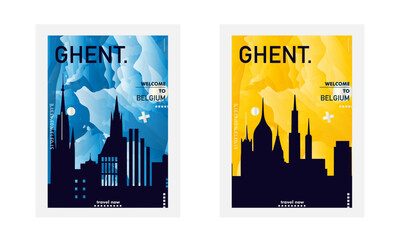 Ghent Belgium city poster pack with abstract skyline, cityscape, landmarks and attractions. Europe travel vector illustration set for brochure, website, page, presentation