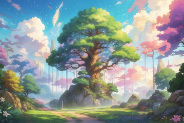 painting style image o a tree on hill AI generated