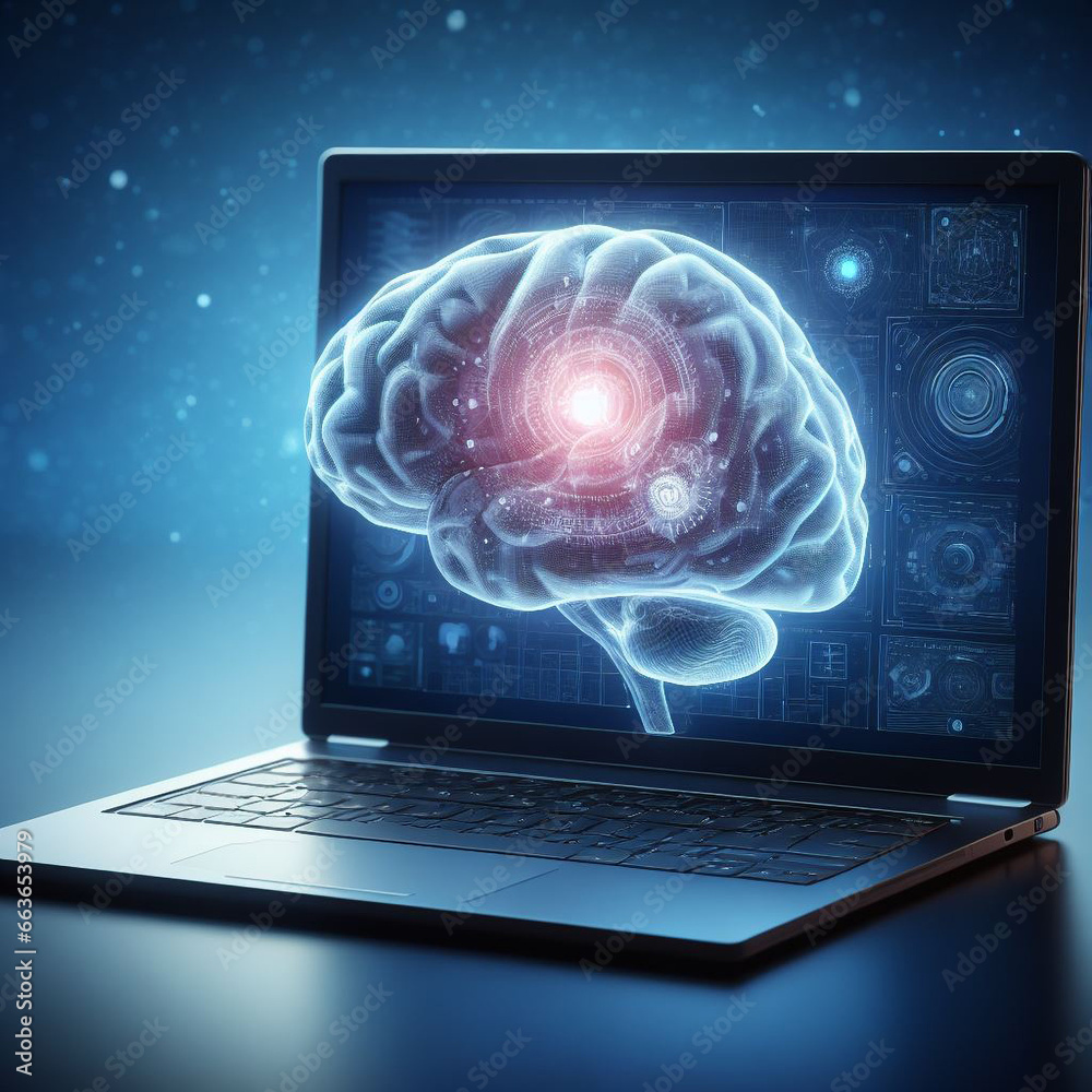 Wall mural A realistic rendering of a human brain on a laptop, a symbol of artificial intelligence and the future of technology 