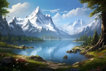 Fototapeta na wymiar Scenic vista of serene lake amidst mountains. Generative AI