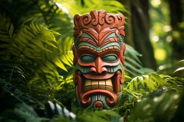 Traditional wooden Indian tiki mask amidst leafy backdrop. Generative AI - obrazy, fototapety, plakaty