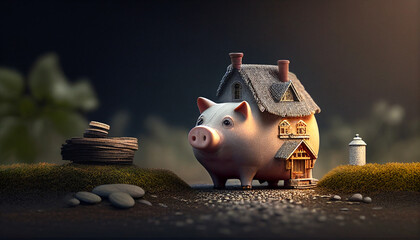 Sparschwein trägt Haus auf dem Rücken für Investition sparen Hauskauf Preise Inflation Generative AI  - obrazy, fototapety, plakaty