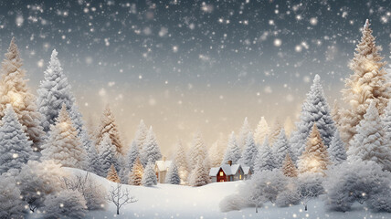 Naklejka premium A winter village background with snowy trees,