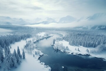 Aerial view of snowy mountain scenery captured by a drone. Generative AI