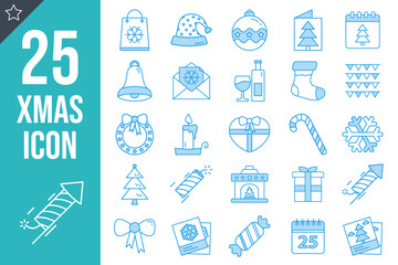 Christmas and New Year Flat Blue Line Icon Set Vector Illustration Isolated on Transparent Background