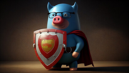 Schwein als Superheld mit Schutzschild und Umhang gefahren abwehren Sichtweite und Gesundheit Cyberangriff verteidigen blocken Prävention Geld für Sicherheit und Schutz ausgeben Generative AI 