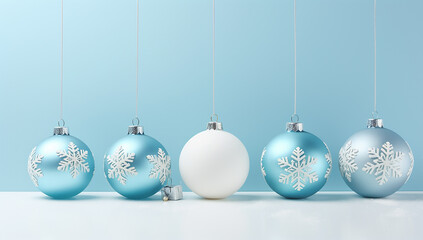 Obraz premium snow background with green baubles hanging on a string ornaments .