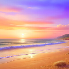 Secluded natural sand beach at sunrise, sky with hues of violet and orange, gentle waves lapping, created with Generative AI technology