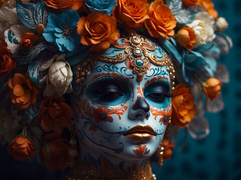 Festive Mexican Heritage: Woman with Colorful Face Tattoos for Dia de los Muertos, La Calavera Catrina, Mexico. Day of the dead. Folklore, tradition beautiful face make up
