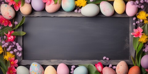 Easter egg themed blank chalkboard with copy space