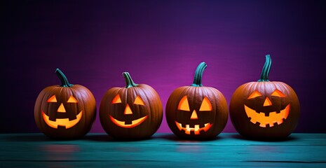 Glowing Jack-o'-Lantern pumpkins on Dark Purple Halloween Background. 3D rendered.