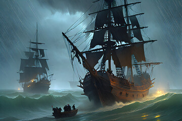a pirate ship sailing in heavy rain
Generative AI