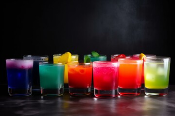 Rainbow-colored assortment of cocktails. Generative AI
