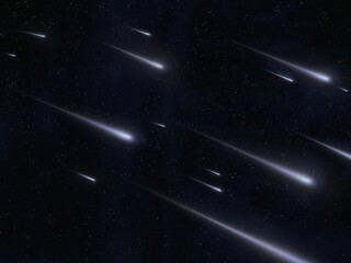 Bright star rain at night. A stream of meteorites illuminates the sky. Beautiful falling stars.